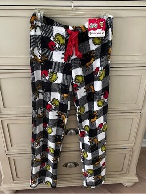 NWT Black & White Plaid Grinch Fleece Pajama Pants with Red Drawstring